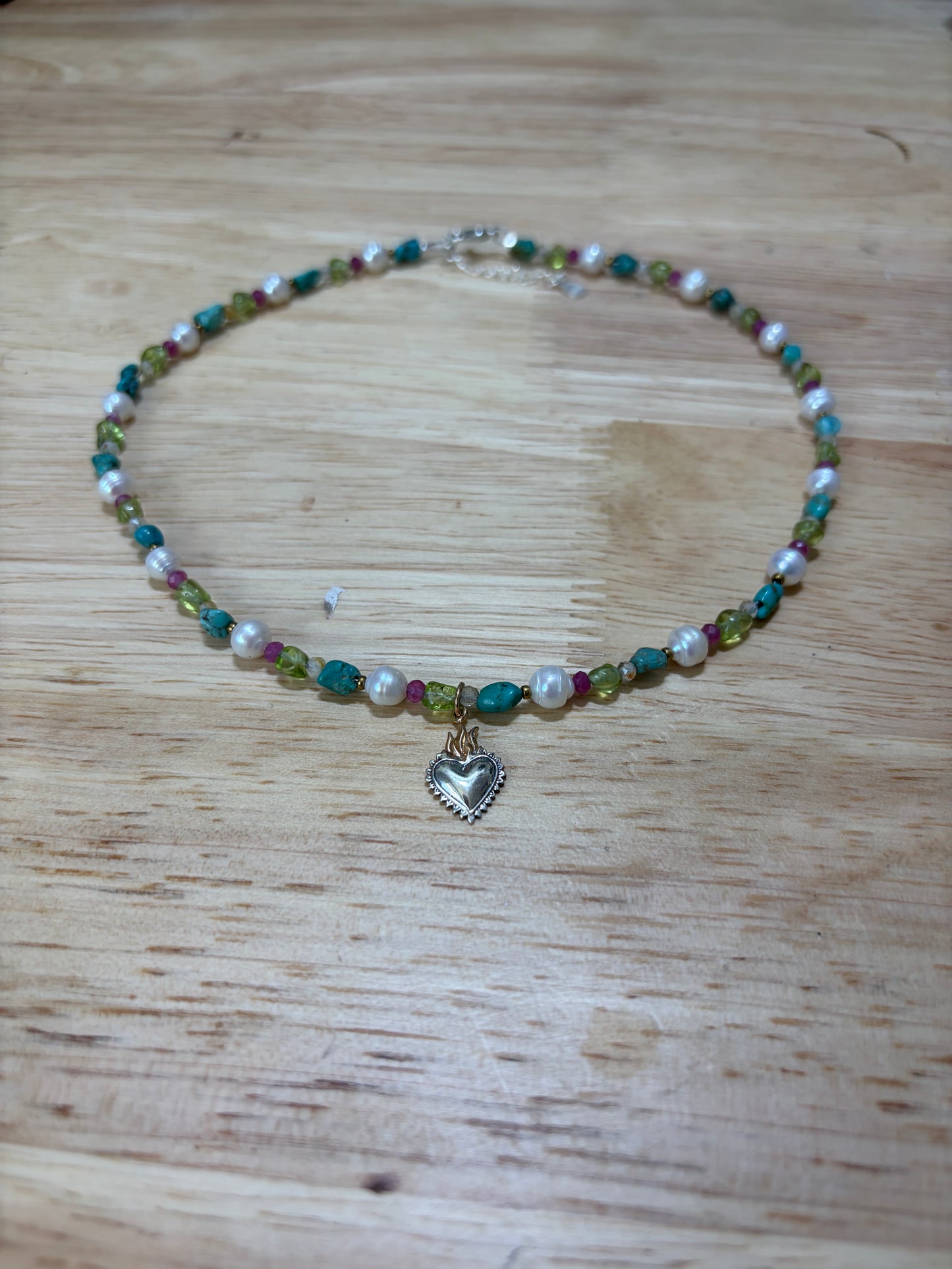 Flaming heart precious stone necklace